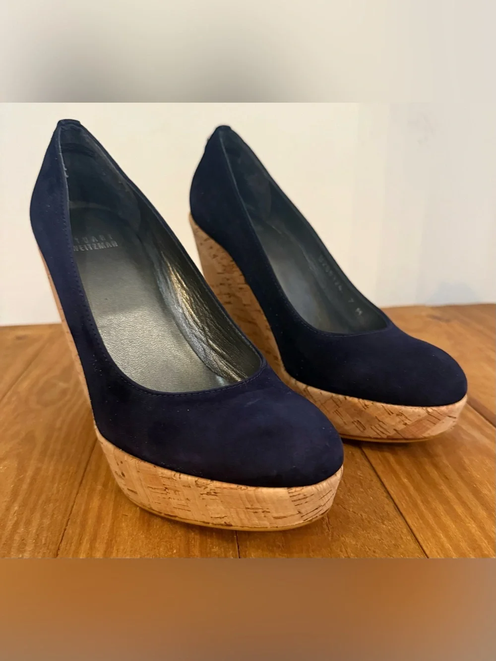Stuart Weitzman. Corkswoon Wedges. Navy Suede. Size 7.